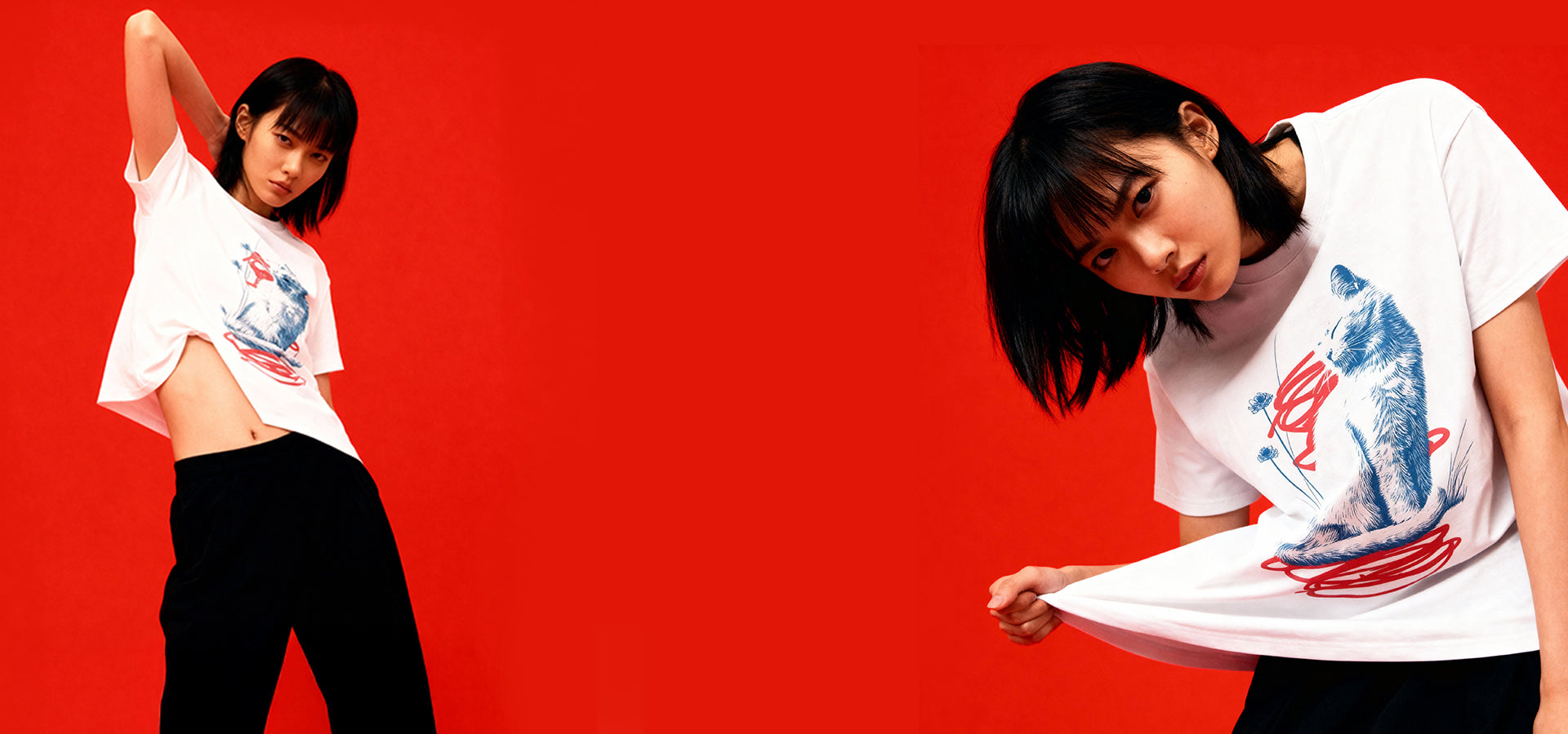 Woman wearing a white t-shirt with a graphic design on a red background1621243260e1af0c20-0