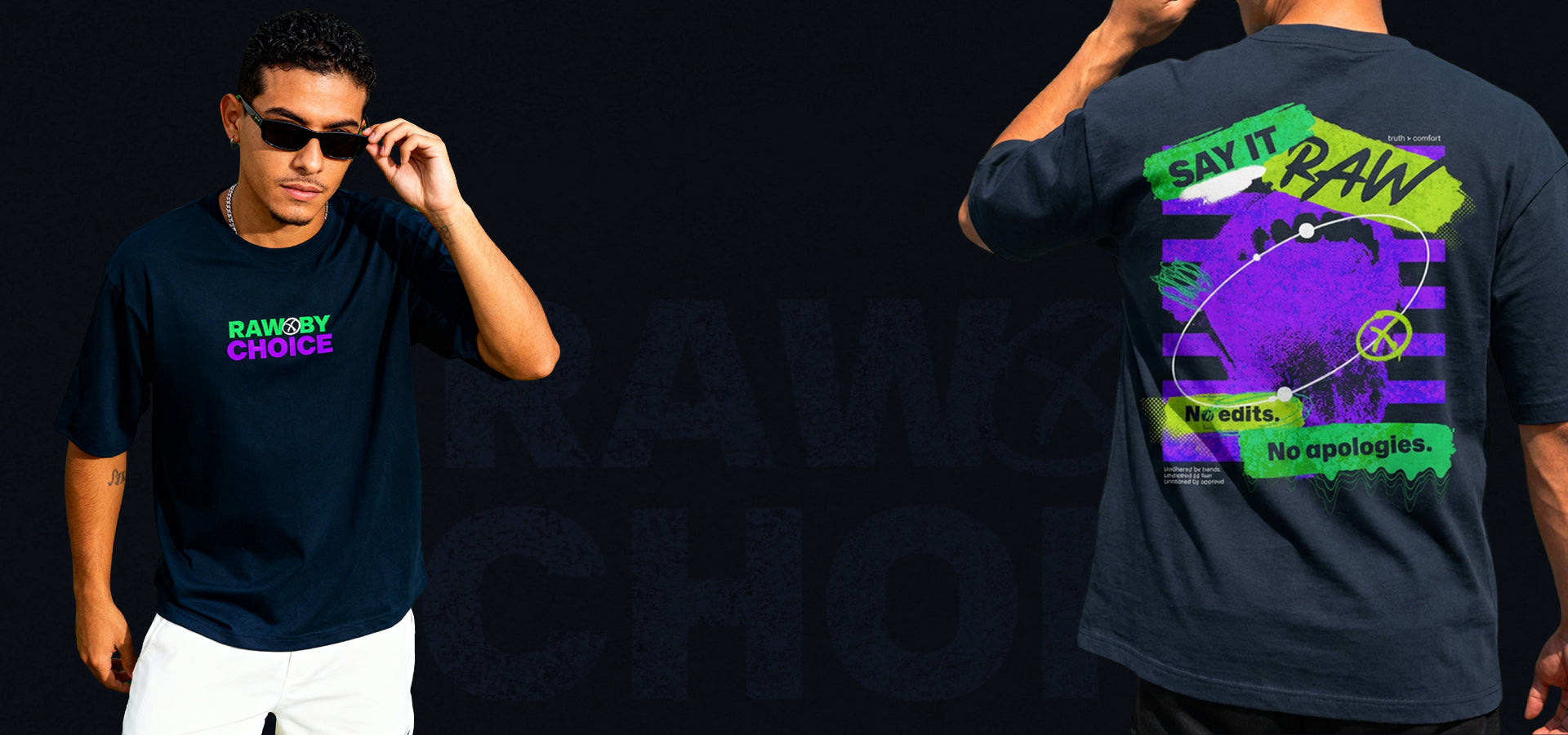 Person wearing a black t-shirt with text and graphics, showing front and back views against a dark background.slider_item_3pzfWi