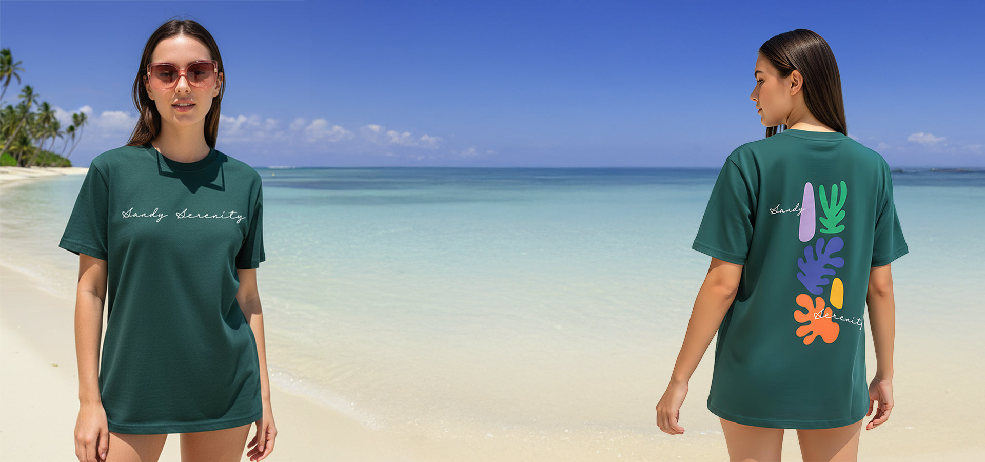 Woman wearing a green t-shirt with text on a beachslider_item_KYPPYW