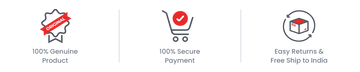 Three icons with text indicating product authenticity, secure payment, and easy returns/free shipping.