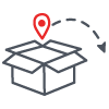 Icon of a box with a location pin and circular arrow, indicating delivery or shipping.
