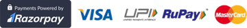 Logos of Razorpay, Visa, UPI, RuPay, and Mastercard on a blue background